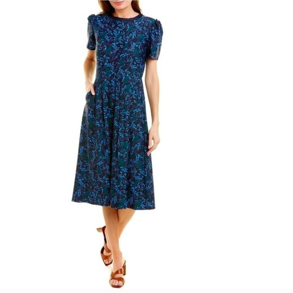 Jude Connally Blue Green Owl Print Jude Cloth Midi Dress Puff Sleeve Small